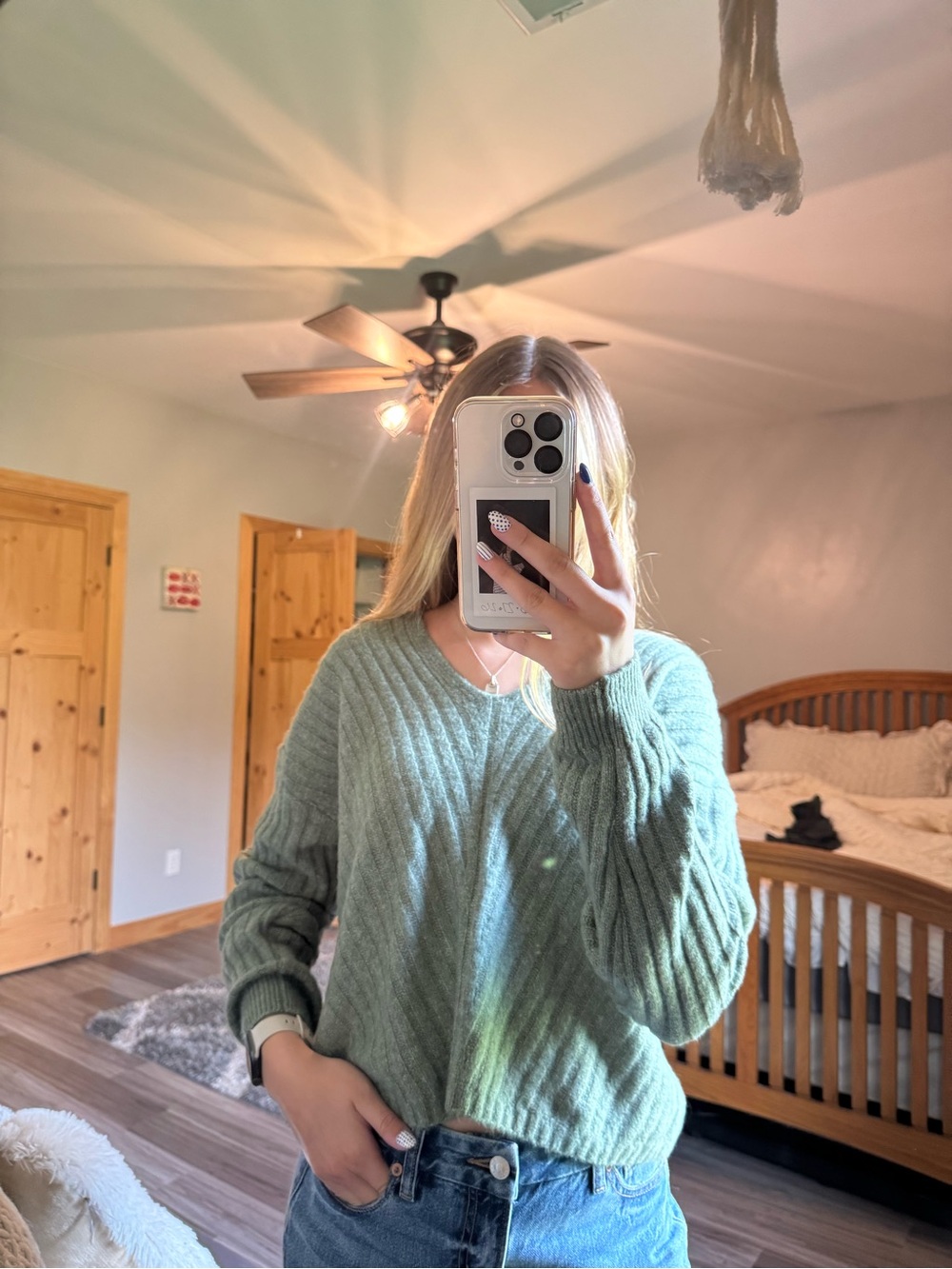 Pink Rose Ribbed Scoop-Neck Sweater in Sage Green